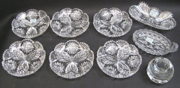 NINE CLEAR CUT CRYSTAL TABLE ACCESSORIES: 6 Ameri: NINE CLEAR CUT CRYSTAL TABLE ACCESSORIES: 6 American Brilliant cut round fruit/ice cream dishes, 6-1/4" dia.; 2 relish dishes, a rectangular, 8" by 4-1/4", a handled oval, 6-3/4"by 4"; together with a