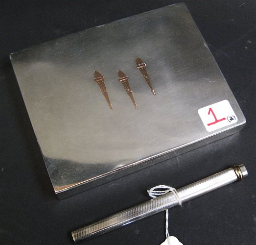 CARTIER SILVER PLATED CARD BOX AND STERLING PEN, the