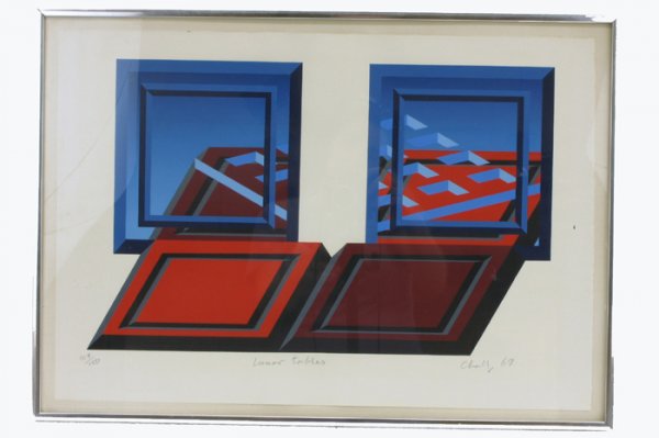 ATTRIBUTED TO MIKE CHALLENGER, COLOR LITHOGRAPH (Br: ATTRIBUTED TO MIKE CHALLENGER, COLOR LITHOGRAPH (British, born 1942) Titled " Lunar Tables", an abstract No. 109/150, titled l.c. and signed in pencil Challenger '69. In metal frame.