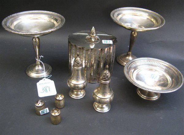 SILVER TABLE ACCESSORIES AND A VICTORIAN TEABOX, 8: SILVER TABLE ACCESSORIES AND A VICTORIAN TEABOX, 8 pieces. The Sterling Silver includes 2 tall compotes, 6" and 5-7/8" H.; pair shakers 4-3/4" H., 1 small compote, and 3 small shakers. The silver plat