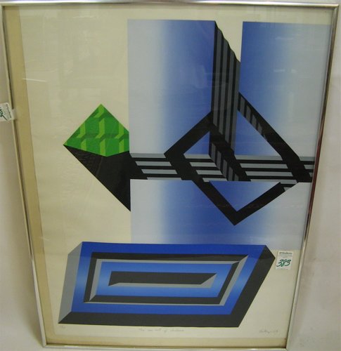 ATTRIBUTED TO MIKE CHALLENGER, COLOR LITHOGRAPH (: ATTRIBUTED TO MIKE CHALLENGER, COLOR LITHOGRAPH (British, born 1942) Titled "The New Art of Shadows", an abstract No. 10/75, titled l.c. and signed in pencil Challenger '68. In metal frame.