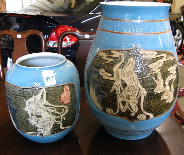 TWO CHINESE PORCELAIN VASES with matching sky blu