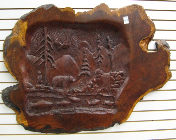 BURL REDWOOD WALL SCULPTURE, the slab relief carv