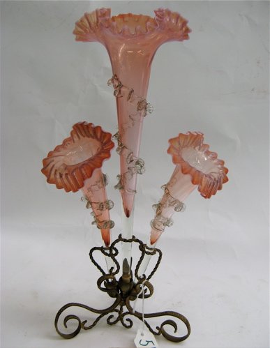 AMERICAN VICTORIAN THREE-PART EPERGNE, cranberry s