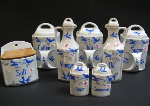 GERMAN PEARL LUSTRE AND BLUEBIRD CONDIMENT SET, 8
