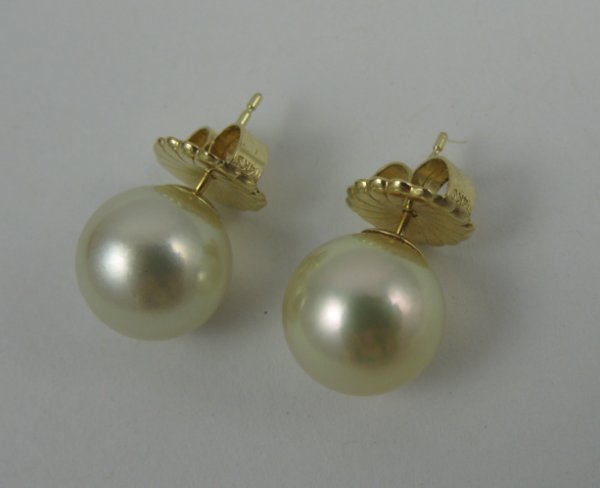 PAIR OF PEARL AND 14K GOLD EAR STUDS, each set wi - 2