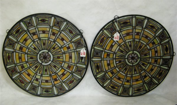 PAIR ROUND STAINED AND LEADED GLASS WINDOW PANELS