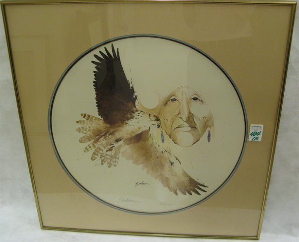 TWO WESTERN COLOR PRINTS. The first by Bert V. Se: TWO WESTERN COLOR PRINTS. The first by Bert V. Seabourn (Iran, born 1931), an eagle and Indian face, round, 22 in. diameter, signed l.c. & no. 464/1000 in metal frame; plus an off-set lithograph signe