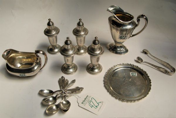 FIFTEEN STERLING SILVER TABLE ACCESSORIES: 2 crea: FIFTEEN STERLING SILVER TABLE ACCESSORIES: 2 cream pitchers, one by International, 5-1/2" H., the other Frank M. Whiting Co., 3-1/8" H.; a round Whiting Manufacturing Co. wine coaster, 5" D.; 4 Empire