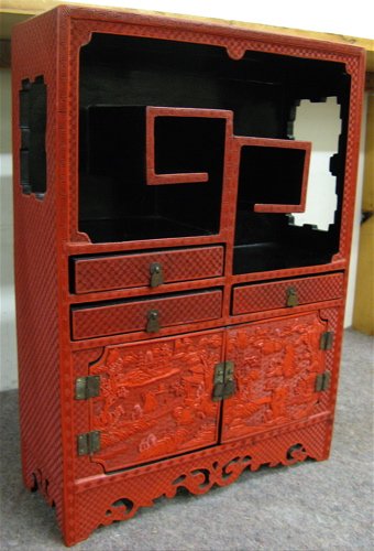 MINIATURE RED CINNABAR DISPLAY CABINET, Chinese, 2