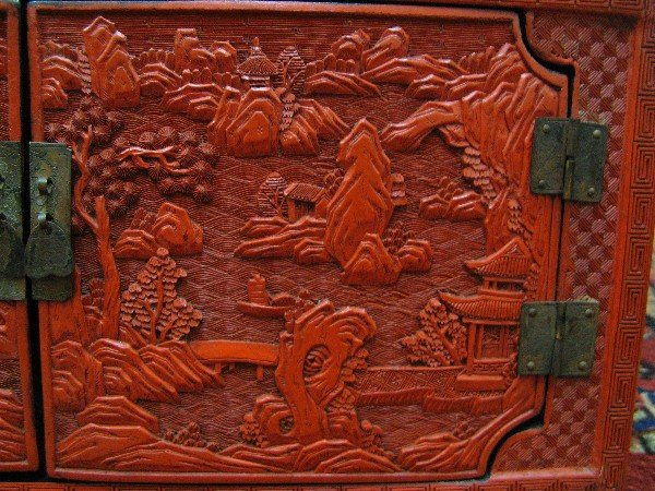 MINIATURE RED CINNABAR DISPLAY CABINET, Chinese, 2 - 3