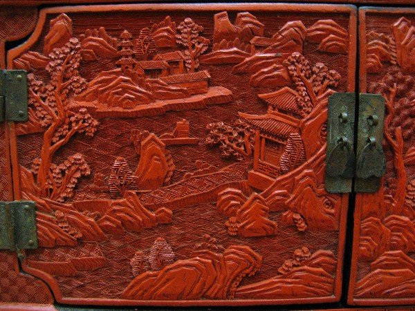 MINIATURE RED CINNABAR DISPLAY CABINET, Chinese, 2 - 4
