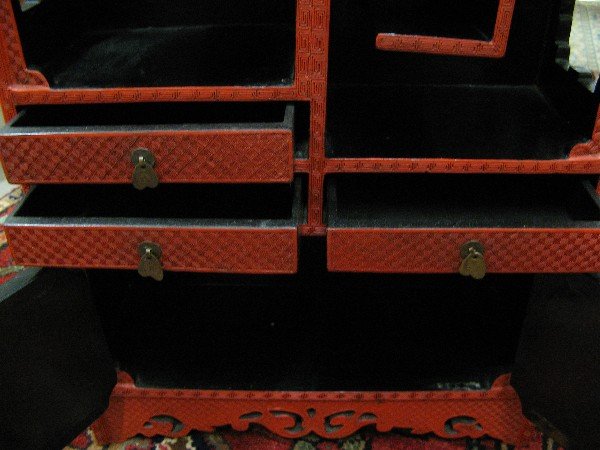 MINIATURE RED CINNABAR DISPLAY CABINET, Chinese, 2 - 5