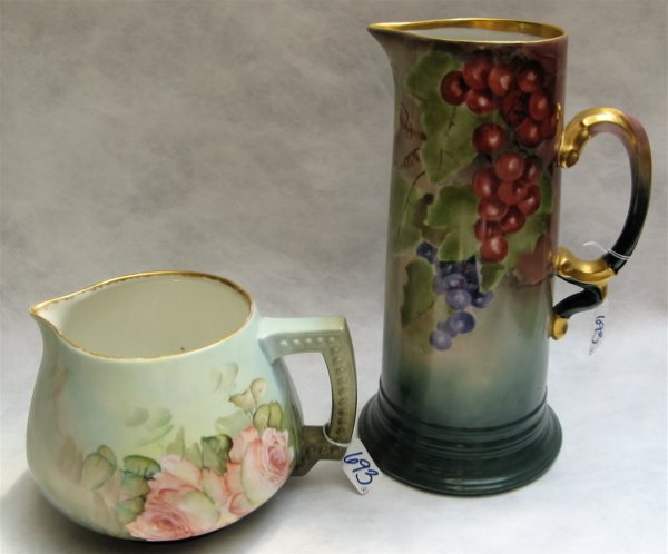 TWO J. PUILLOT FRENCH PORCELAIN PITCHERS, hand pa