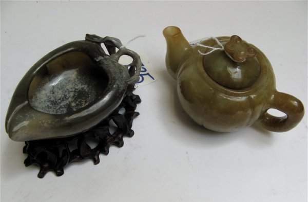 A CHINESE JADE TEAPOT AND WATER COUPE: the hand c