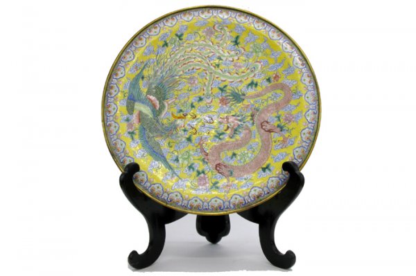 CHINESE ENAMELED CHARGER. The metal base hand pai