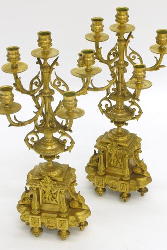 PAIR FRENCH HEAVY GILT BRONZE CANDELABRA, each ha