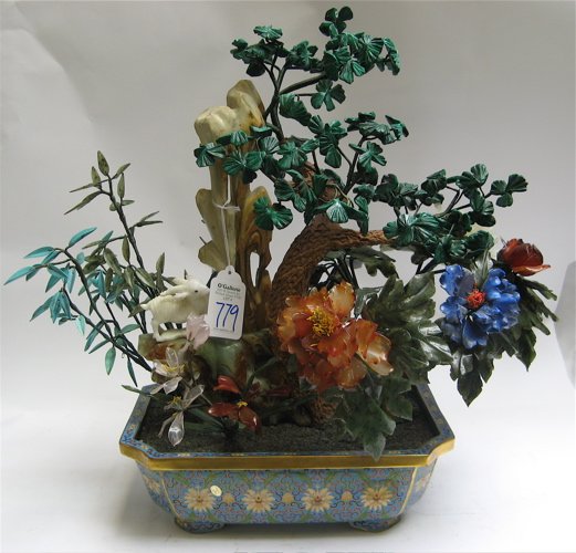 LARGE "JADE" TREE: hand carved white Jade goat on