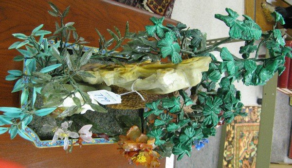 LARGE "JADE" TREE: hand carved white Jade goat on - 2