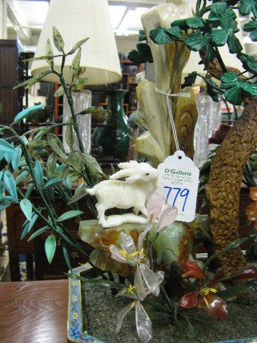 LARGE "JADE" TREE: hand carved white Jade goat on - 3
