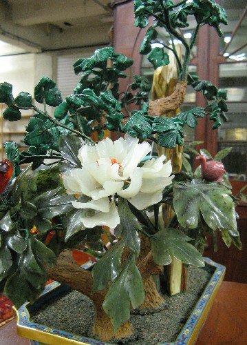 LARGE "JADE" TREE: hand carved white Jade goat on - 5