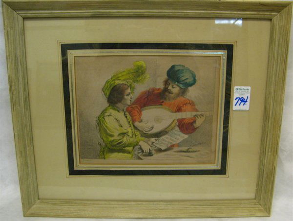 HAND COLORED ENGRAVING attributed to Francesco Ba: HAND COLORED ENGRAVING attributed to Francesco Bartolozzi (Italy, 1725-1815). Man with stringed instrument accompanying a singer. 11 1/4 in. by 8 1/2 in. Signed in the plate l.r. In modern wood frame.