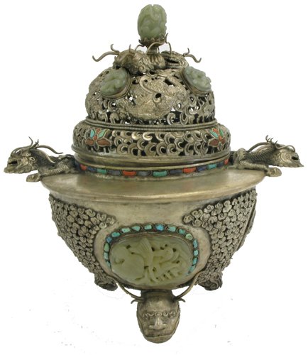 SILVERED CHINESE COVERED CENSER. The silvered met