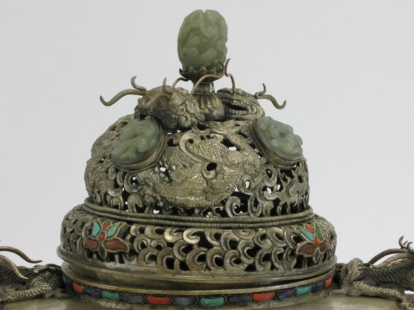 SILVERED CHINESE COVERED CENSER. The silvered met - 3