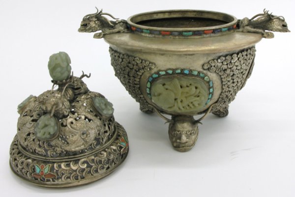 SILVERED CHINESE COVERED CENSER. The silvered met - 4