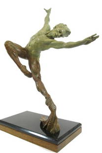 BARRY EISENACH ORIGINAL BRONZE SCULPTURE (Scotts: BARRY EISENACH ORIGINAL BRONZE SCULPTURE (Scotts Bluff, Nebraska, born 1952) A polychrome bronze depicting a male ballet dancer. Shading from pale green to light brown at base. Height 26 1/2 in.,