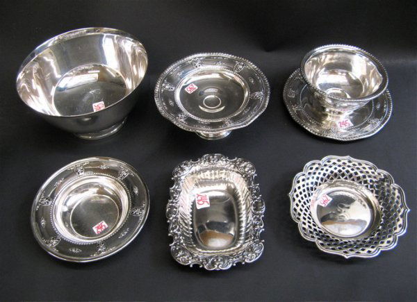 SIX AMERICAN STERLING SILVER TABLE ACCESSORIES. I: SIX AMERICAN STERLING SILVER TABLE ACCESSORIES. Including a Lunt round pedestal bowl, 8" D.; a Gorham rectangular nut dish, c. 1895, 7-1/8" by 5-5/8"; a Towle shallow candy dish, reticulated rim, 6-1/