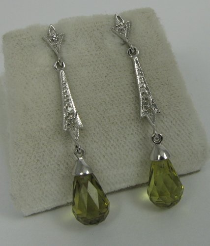 PAIR OF PERIDOT, DIAMOND AND 14K WHITE GOLD EARRI