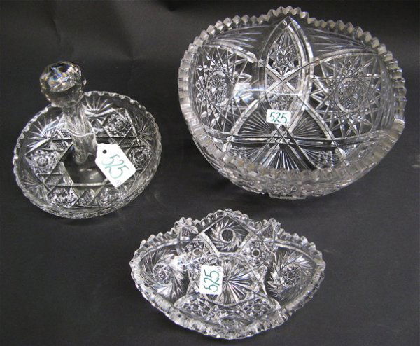 THREE AMERICAN CUT GLASS TABLE ACCESSORIES: vario: THREE AMERICAN CUT GLASS TABLE ACCESSORIES: various hobstar designs, including a round fruit bowl, 8-1/4" D. by 3-3/4" H.; a stick bonbon bowl, faceted knob, 6" D. by 5-1/4 H.; together with a small o
