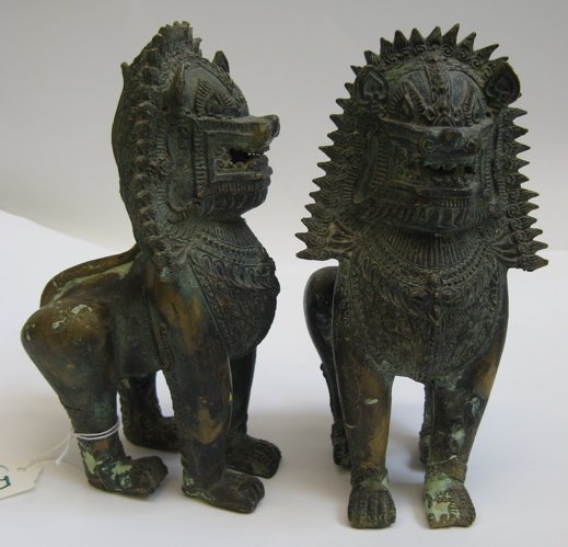 PAIR ASIAN BRONZE SCULPTURES, stylized fierce lio