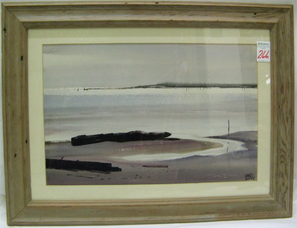 CHARLES MULVEY WATERCOLOR ON PAPER (Oregon, born: CHARLES MULVEY WATERCOLOR ON PAPER (Oregon, born 1918)" "Evening River" at the Oregon coast 14 in. by 21 in. Signed Charles Mulvey l.r. and titled verso. In wood frame.