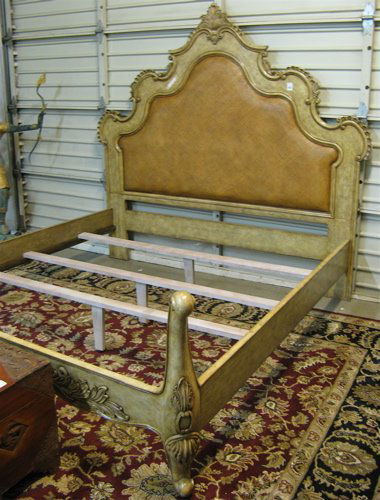 LOUIS XV STYLE KING BED WITH RAILS, Thomasville, N: LOUIS XV STYLE KING BED WITH RAILS, Thomasville, North Carolina, manufactured 2004. The large padded headboard has a carved and molded serpentine top rails, the low footboard with relief-carved acanth