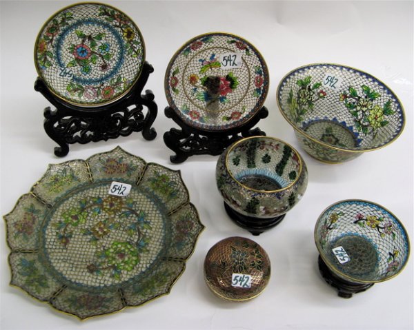 COLLECTION OF SEVEN PLIQUE-A-JOUR ENAMELED GLASS: 