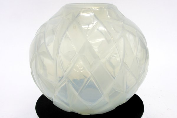 FRENCH ANDRE HUNEBELLE ART GLASS VASE, Art Deco g: FRENCH ANDRE HUNEBELLE ART GLASS VASE, Art Deco globular form, opalescent having frosted and translucent geometric planes, 8-1/4" H. by 9" D. Marked: Made in France Moselle Dep et R Cogneville underfo