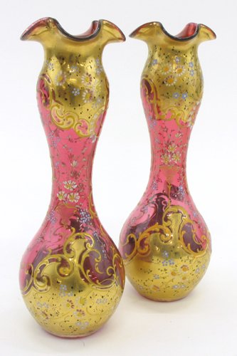 PAIR CRANBERRY ENAMELED VASES with forget-me-nots
