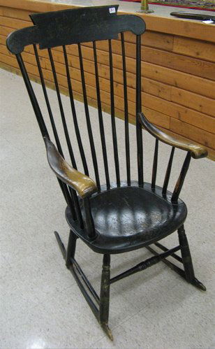 FOUR ANTIQUE CHAIRS WITH BLACK FINISH, American, al: FOUR ANTIQUE CHAIRS WITH BLACK FINISH, American, all 19th century: Salem Windsor rocker, c. 1830; ladder-back side chair with splint seat; rod-back Windsor side chair; mother-of-pearl inlaid and gold