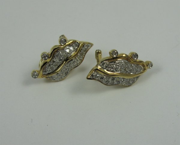 PAIR OF DIAMOND AND 14K GOLD LEAF EARRINGS, each w