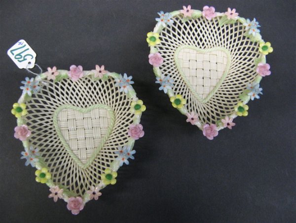 PAIR OF HEART-SHAPED IRISH BELLEEK BASKETS, 4 str