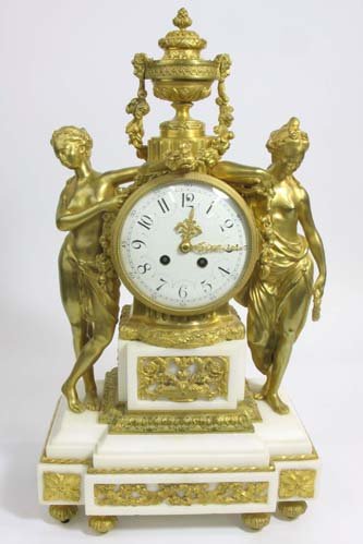 EMPIRE GILT-BRONZE AND WHITE MARBLE MANTEL CLOCK,