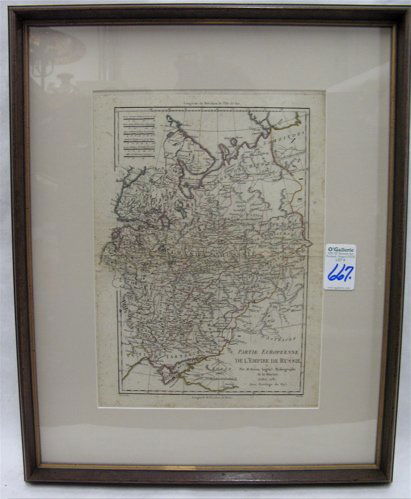 ENGRAVED MAP OF MOTHER RUSSIA DATED 1781. "Partie: ENGRAVED MAP OF MOTHER RUSSIA DATED 1781. "Partie Europeenne de L'Empire de Russie" after the original hand drawn map by M. Bonne 11 in. by 14 1/2 in., hand colored. In wood frame.