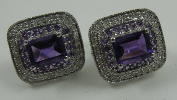 PAIR OF AMETHYST AND DIAMOND EARRINGS with recta