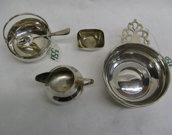 FIVE STERLING SILVER TABLE ACCESSORIES, 3-piece S: FIVE STERLING SILVER TABLE ACCESSORIES, 3-piece Sterling set including a cream pitcher, 2-1/8" H., the open sugar bowl with handle, 3-1/4" D., and sugar spoon, 4-3/4" L., each marked Mexico underfoot;