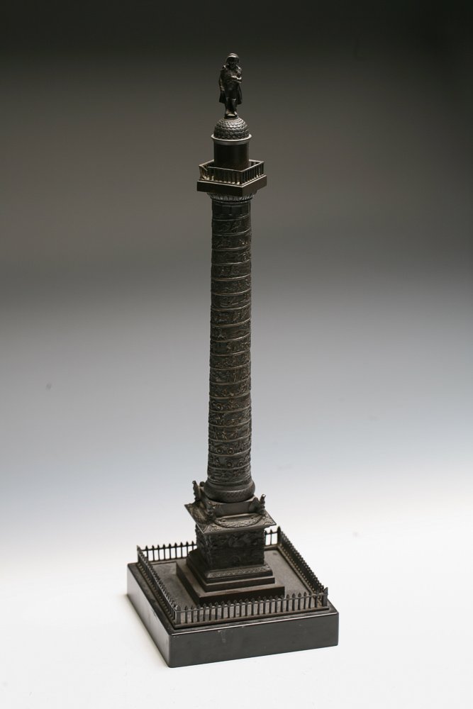 Bronze Model of the Vendôme Column: Napoleon Bronze Vendome Column. Quality model of the Vendome column has a continuous band decorated in relief with military groups going up the column and finial top with standing figure of Napoleon.