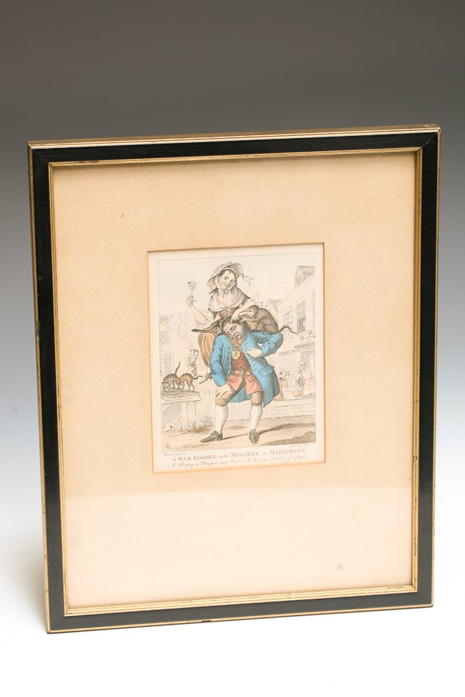 A Man Loaded with Mischief or Matrimony Etching: An 18th century English etching, c1766, of a Man Loaded with Mischief or Matrimony; A Monkey, a Magpie and Wife, is the True Emblem of Strife. In the bottom left it reads Drawn by Experience and on th