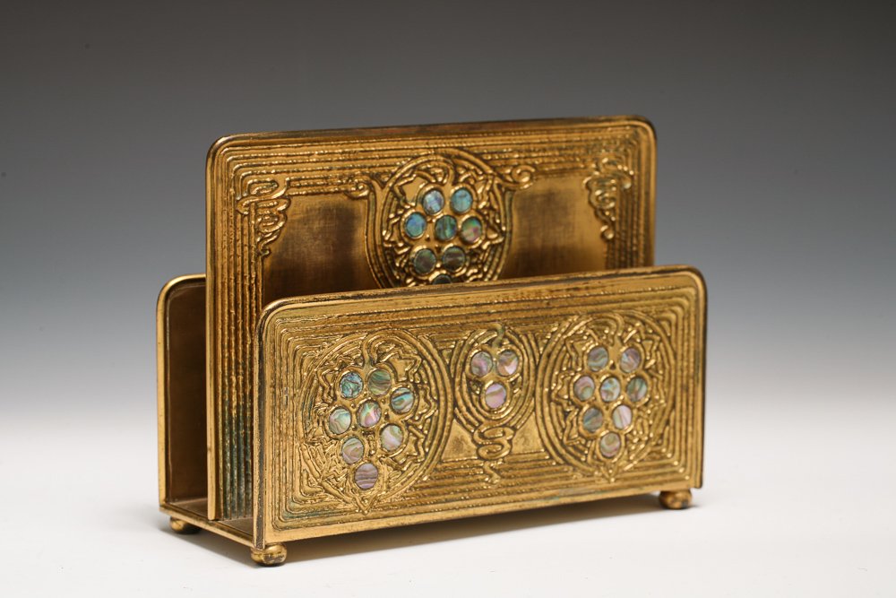 Tiffany Studios Bronze Abalone Letter Rack For Desk Set: Tiffany Studios Bronze Abalone Letter Rack For Desk Set, circa 1912, in bronze d'ore with abalone discs. All discs are present and in good condition. Gold plating is about 90% intact, with small areas