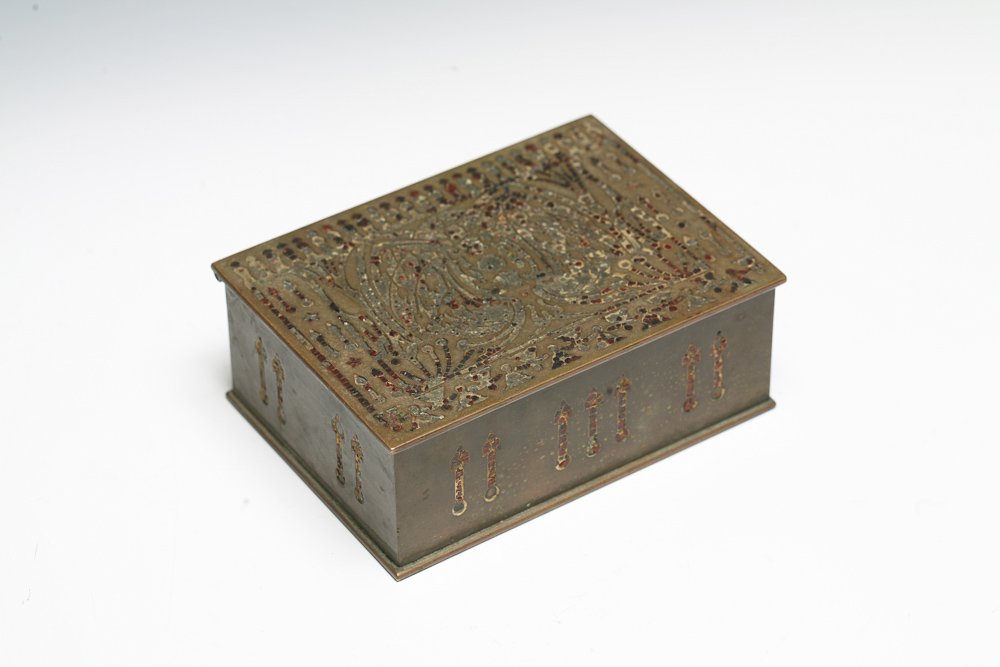 Tiffany Studios Bronze Cigarette Box: A Tiffany Studios Bronze Cigarette Box with gothic designs, shape number 1817. Slightly different from the one in Tiffany Desk Treasures: Catalogue Raisonne of Tiffany Studios Desk Accessories by Geor